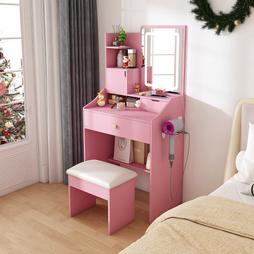 Pink 3-Color LED Vanity Mirror with Stool, 2 Drawers & 5 Storage Cabinets, Charging Station & Hair Dryer Holder