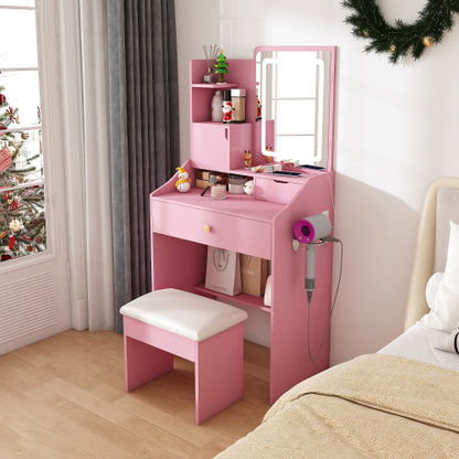 Pink 3-Color LED Vanity Mirror with Stool, 2 Drawers & 5 Storage Cabinets, Charging Station & Hair Dryer Holder