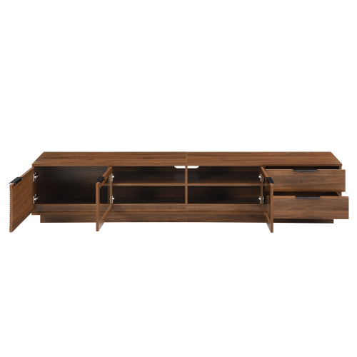 78.74 inch Walnut Fluted Glass Door Legless TV Stand 2 Drawer Media Console Supports Up To 85 inch TV