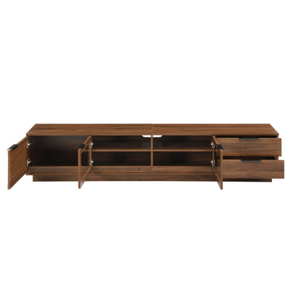 78.74 inch Walnut Fluted Glass Door Legless TV Stand 2 Drawer Media Console Supports Up To 85 inch TV