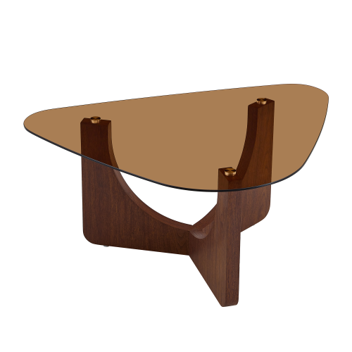 Triangular Tea-Colored Tempered Glass Coffee Table, Walnut MDF Legs