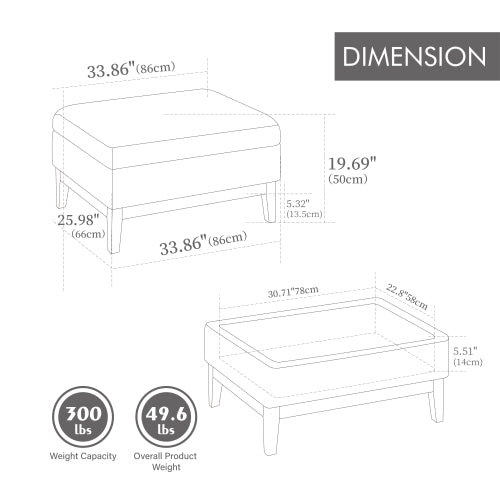 33.86 inch Boucle Storage Ottoman Coffee Table with Wood Legs