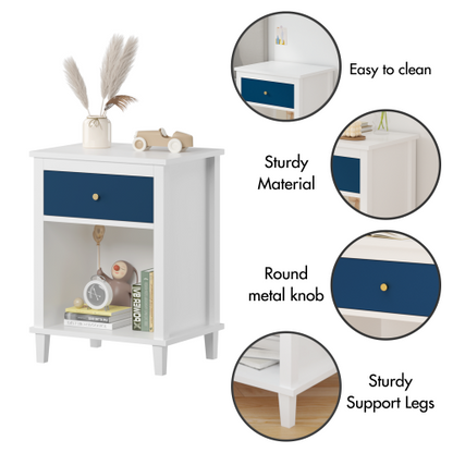26.77''H Wooden Nightstand with One Drawer One Shelf for Kids, Adults, Navy+Golden handle