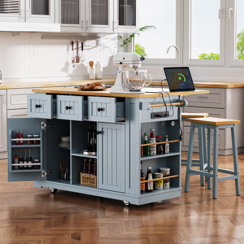 53inch Large Kitchen Island with 2 Bar Stools,Power Outlet,Door Internal Storage Rack,Kitchen Storage Cart on 5 Wheels with Drop Leaf,5 Open Side Racks,3 Drawers,Grey Blue (Three Packages)