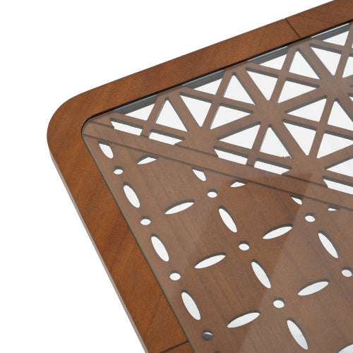 Modern Industrial Square Coffee Table Glass Top Metal Frame Wooden Accent Living Room Table