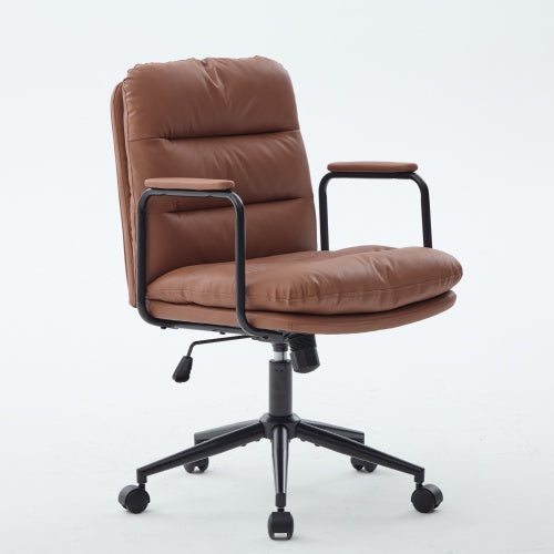 Office Chair,Mid Back Home Office Desk Task Chair with Wheels and Arms Ergonomic PU Leather Computer Rolling Swivel Chair with Padded Armrest,The back of the chair can recline 40°(Brown)