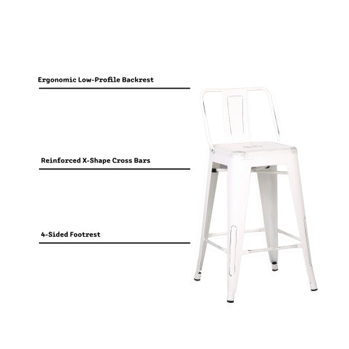 Modern Light Weight Industrial Contemporary Rustic Vintage Costal Metal Barstools with Bucket Back and 4 Leg Design, Seat Bar Stools (Set of 2) (24" Seat, Distressed White)