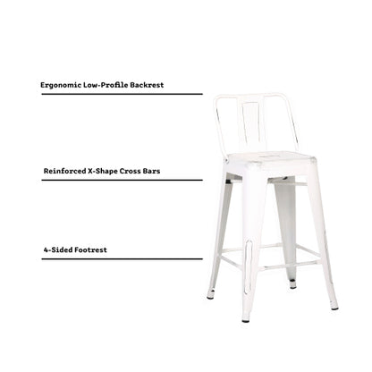 Modern Light Weight Industrial Contemporary Rustic Vintage Costal Metal Barstools with Bucket Back and 4 Leg Design, Seat Bar Stools (Set of 2) (24" Seat, Distressed White)