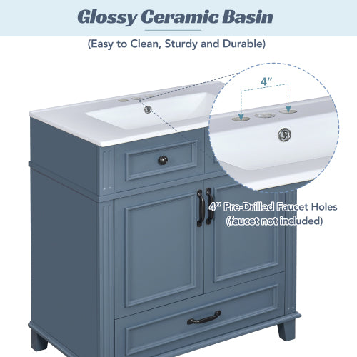 30'' Bathroom Vanity with Ceramic Sink,Solid Wood Frame Bathroom Storage Cabinet with Soft Closing Doors,Retro Style, Blue