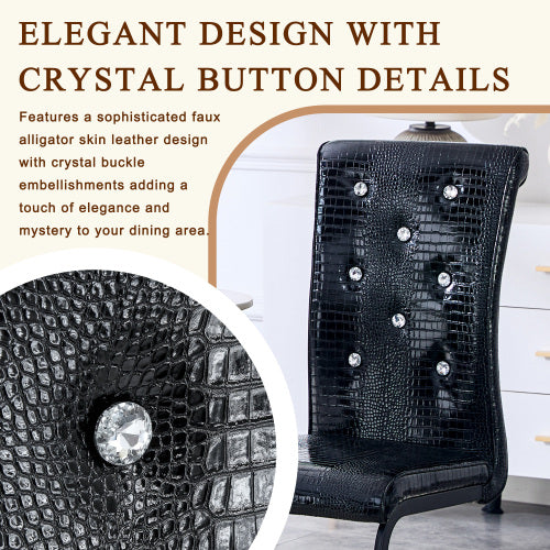 Set of 2 Retro Alligator Skin PVC Dining Chairs, Crystal Buckle Chairs with Black Powder Coated Metal Bow Legs