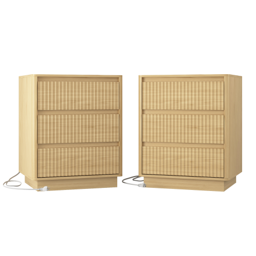 Natural Wood 3-Drawer Nightstand Set with USB-C Charger