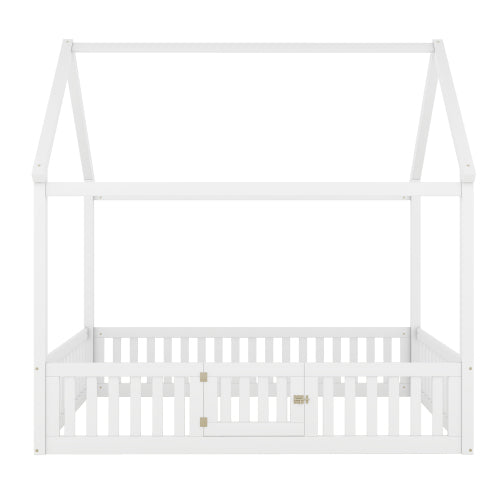 Full Size Wood House Bed with Fence and Door, White