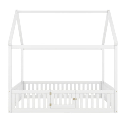 Full Size Wood House Bed with Fence and Door, White