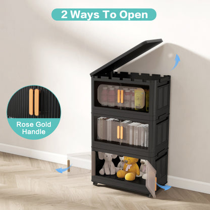 Folding Storage Cabinet with Wheels 5 Tier Collapsible Organizer Black
