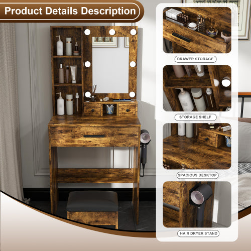 Vintage Compact LED Vanity Table Set, Power Outlet, Hairdryer Holder & Upholstered Stool