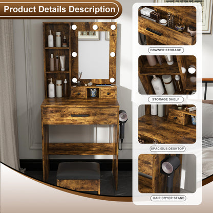 Vintage Compact LED Vanity Table Set, Power Outlet, Hairdryer Holder & Upholstered Stool