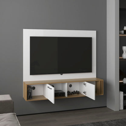56.1 Inch Natural Oak White Floating Style Entertainment Center with Cable Management Holes