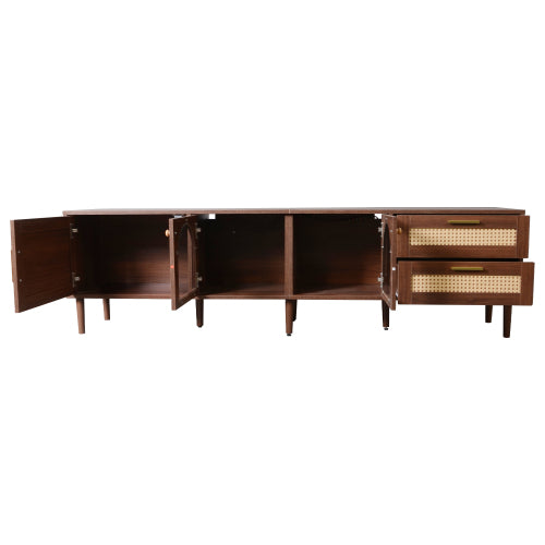 70.8 inch Dark Brown App Control LED Rattan TV Stand Glass Storage For 80 Inch TV