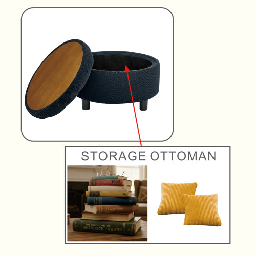 25 Inch Round Storage Ottoman, Black Tufted Fabric