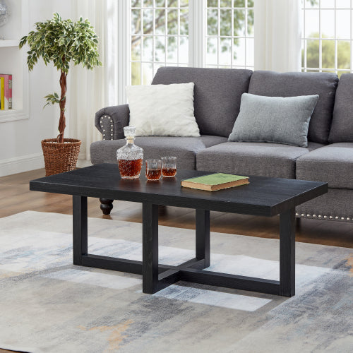 Contemporary Rectangular Coffee Table Black Cross Base Wood Finish