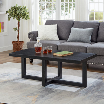 Contemporary Rectangular Coffee Table Black Cross Base Wood Finish
