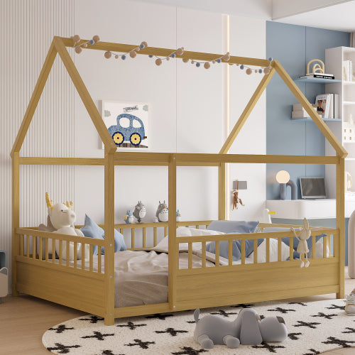 Full Size Floor Wooden Bed with House Roof Frame, Fence Guardrails(Full,Natural)