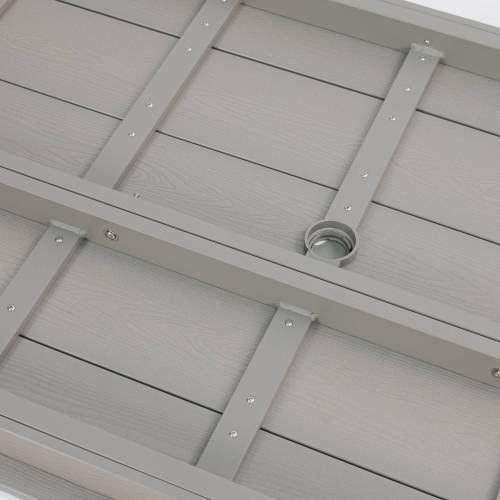 A wooden-textured imitation wood dining table, simple yet with a high quality feel. It has a small tabletop and is perfect for outdoor picnics. Light gray color, 68.9 inches long.