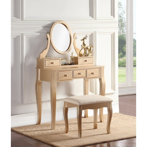 Gold Wood Makeup Vanity Table and Stool Set, 5 Lined Drawers, Adjustable Oval Mirror, 32 inch W
