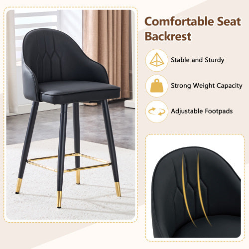 Set of 2 Black PU Leather Bar Stools: 37.7inch High, 25inch Seat Height, Gold Accent Footrest, Ideal for Kitchen Island, Home Bar & Dining Area, Available in Light Gray, White & Dark Gray Splicing Colors.