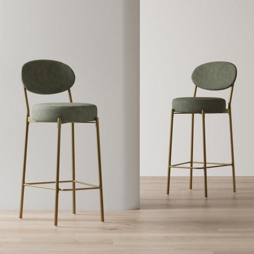 29inch  H Seat Height Upholstered Bar Stools Set of 2 Faux Leather Counter Dining Stool with Golden Legs Modern Round Kitchen Chairs (Green)