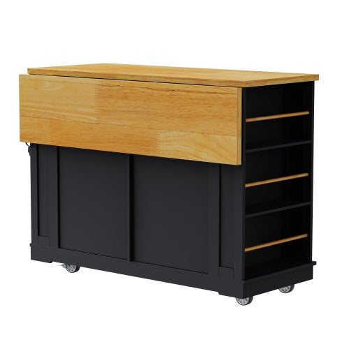 48inch Kitchen Island with 2 Bar Stools, Power Outlet, Internal Storage Rack, Kitchen Storage Cart on 5 Wheels with Drop Leaf, 5 Open Side Racks, Drawers, Black (Old SKU N707S000015B)(Three Packages)