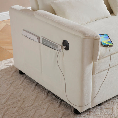Beige 55 inch  Velvet 3-in-1 Pull-Out Loveseat Sofa-Bed,USB & Side Pockets
