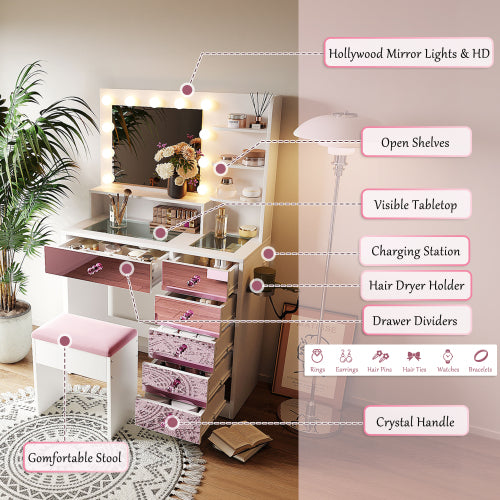 Vanity Desk with Glass Top and 11 Hollywood Bulbs, 3 Color Lighting Modes, Makeup Vanity with Pink Finish Drawers & Shelves, White Vanity Table with Stool for Bedroom