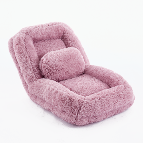 Pink Plush Faux-Fur Human Dog Bed 5-Position Adjustable Convertible Floor Gaming Sofa-Bed