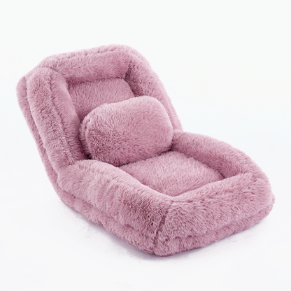 Pink Plush Faux-Fur Human Dog Bed 5-Position Adjustable Convertible Floor Gaming Sofa-Bed