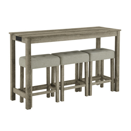 59 Inch Bar Table, Dining Table, Sofa Table with Power Outlet, 3 Upholstered Stools, 4 Piece Bar Table and Chair Set for Living Room, Dining Room, Kitchen