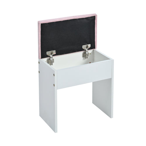 Vanity Desk with Glass Top and 11 Hollywood Bulbs, 3 Color Lighting Modes, Makeup Vanity with Pink Finish Drawers & Shelves, White Vanity Table with Stool for Bedroom