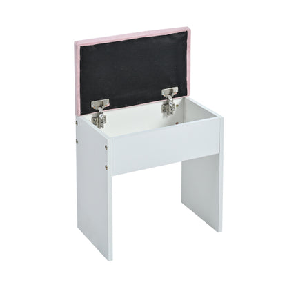 Vanity Desk with Glass Top and 11 Hollywood Bulbs, 3 Color Lighting Modes, Makeup Vanity with Pink Finish Drawers & Shelves, White Vanity Table with Stool for Bedroom