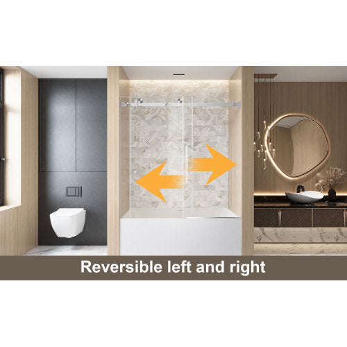 Frameless Single sliding shower door 56-60 "W x 60" H, 1/4 "(6 mm) Clear Tempered Glass, Explosion Proof Film, Stainless Steel Handle Square Tube Track ,Brushed Nickel