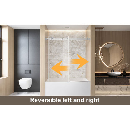 Frameless Single sliding shower door 56-60 "W x 60" H, 1/4 "(6 mm) Clear Tempered Glass, Explosion Proof Film, Stainless Steel Handle Square Tube Track ,Brushed Nickel