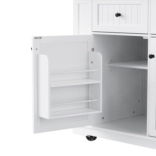 48inch Kitchen Island with 2 Bar Stools, Power Outlet, Door Internal Storage Rack, Kitchen Storage Cart on 5 Wheels with Drop Leaf, 5 Side Racks, 2 Drawers,White
