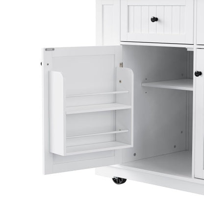 48inch Kitchen Island with 2 Bar Stools, Power Outlet, Door Internal Storage Rack, Kitchen Storage Cart on 5 Wheels with Drop Leaf, 5 Side Racks, 2 Drawers,White