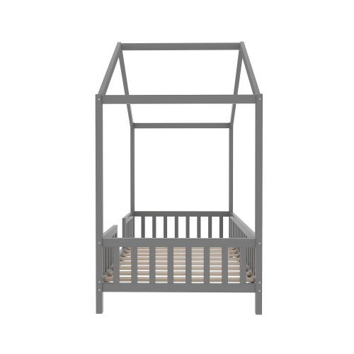 Montessori Floor Bed with Canopy, Twin Bed Frame for Kids, House Shape Toddler Bed Frame with High Railings, Wood Kids Bed with Roof, Kid Twin Bed, Grey