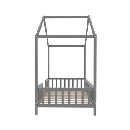 Montessori Floor Bed with Canopy, Twin Bed Frame for Kids, House Shape Toddler Bed Frame with High Railings, Wood Kids Bed with Roof, Kid Twin Bed, Grey