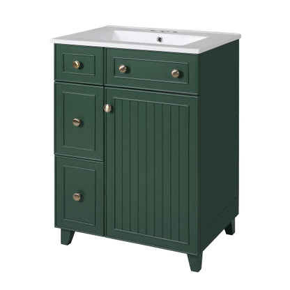 24" Forest Green Bathroom Vanity Cabinet with Ceramic Sink, 2 Drawers, 1 Soft-Close Door