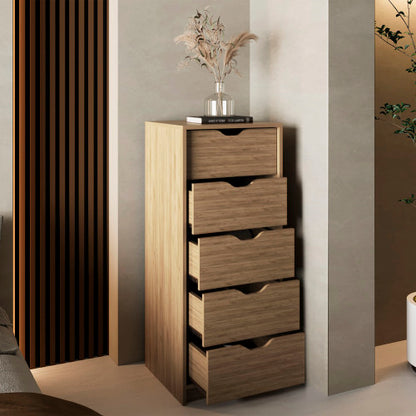 Tall Narrow Dresser, Pull Out System, Five Drawers, Natural Oak
