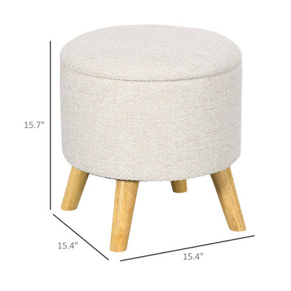 Cream White Round Linen Storage Ottoman, Cushioned Top Oak Leg Stool, 15.25 inch, 264 LBS Capacity