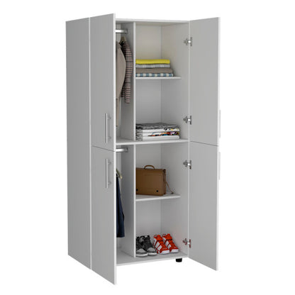 70" High Four-Door Armoire Wardrove Closet Cabinet, Six Shelves and Two Hanging Rods, Bedroom Clothes Storage Cabinet Organizer White