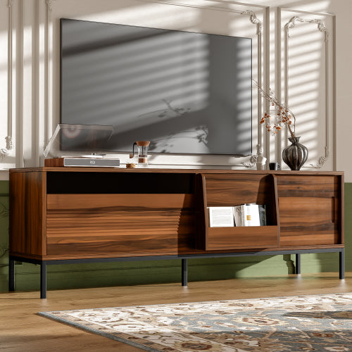 Modern 75 Inch TV Stand with Sliding Doors Walnut Media Console