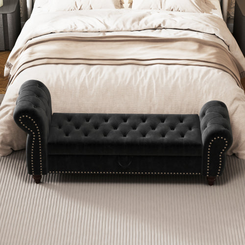 64.5inch  Bed Bench for Bed Room Nails Tufted Chaise of Lounge with Storage Velvet Upholstery Black